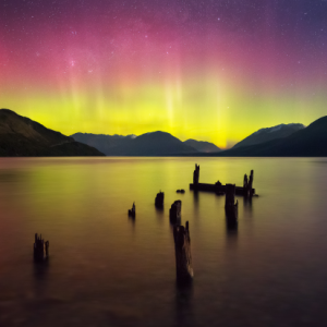 <i>Glenorchy region, New Zealand. Sometimes happenstance intervenes.Using PhotoPills, Dylan found out that the Milky Way would be arching over these jetty remnants and set out at the specified time to photograph it. However, after he took his first test shot, he discovered that he had actually captured the Aurora Australis. Abandoning the Milky Way idea, Dylan made the most of his good fortune and captured the southern lights for the first time! Canon EOS 5D Mk III, 24-70mm lens @ 24mm, 10.0s @ f/2.8, ISO 6400, tripod used. Exposure adjustments in Photoshop CC.</i>